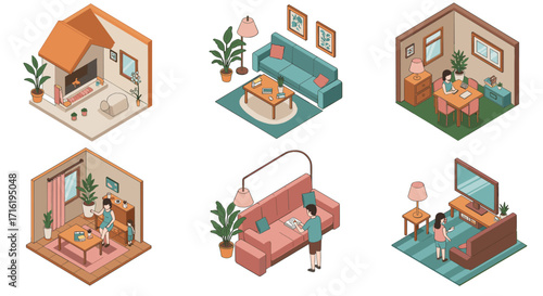 Cozy isometric living spaces with furniture and decor elements