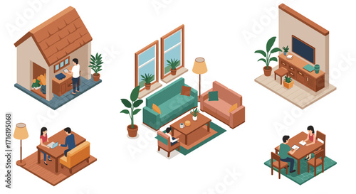 Isometric home interior: cozy spaces with furniture and activities