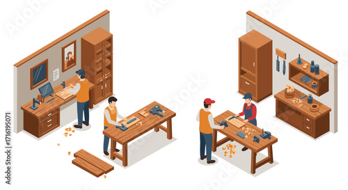 Isometric workshop: carpentry and woodworking scene with tools and craftsmen