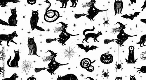 Whimsical Halloween pattern featuring black cats, witches, bats, pumpkins, and spooky stars