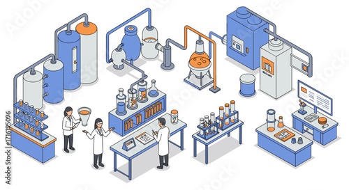 Isometric laboratory with scientists and equipment in industrial workspace