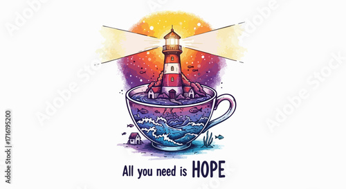 Whimsical lighthouse scene in a teacup inspires hope, guiding light through stormy seas to safety