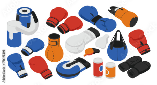 Colorful collection of boxing equipment in isometric style for fitness enthusiasts