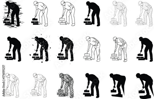 silhouette, bricklayer, worker, masonry, brick, wall, build, construction, style, variation, vector, black, icon, design, craft, project, industrial, engineering, framework, illustration