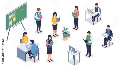 Isometric office collaboration and teamwork in modern workspace