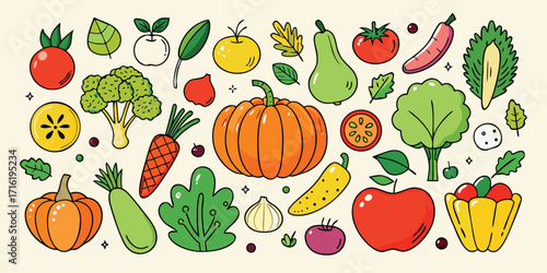 Vibrant hand-drawn assortment of fresh fruits and vegetables in a playful style