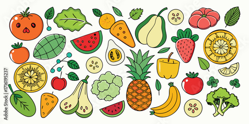 Vibrant assortment of fresh fruits and vegetables healthy food collage