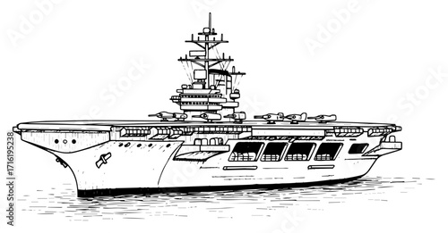 Hand Drawn Aircraft Carrier Warship in Engraving Style black shape vector laser cutting engraving monochrome print