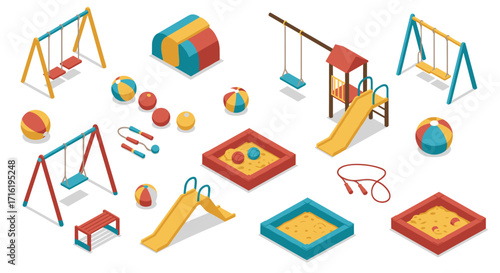 Isometric playground equipment set featuring swings, slides, sandboxes, and play balls