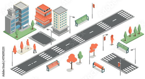 Isometric urban park with people and minimalist architecture