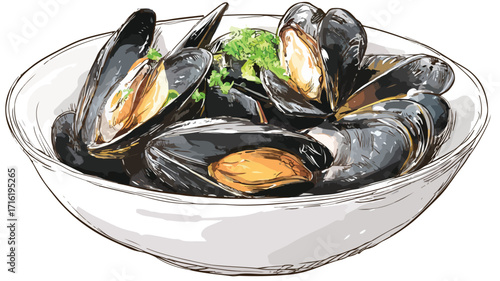 Delicious Bowl of Mussels with Artistic Mussel Drawing Vector Illustration