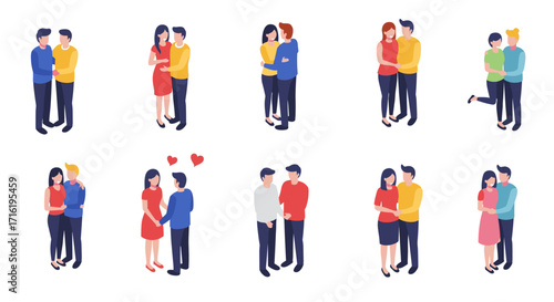 Isometric couples in love: diverse romantic poses and heartfelt embraces