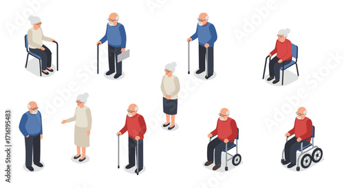 Isometric elderly people in various poses and mobility aids