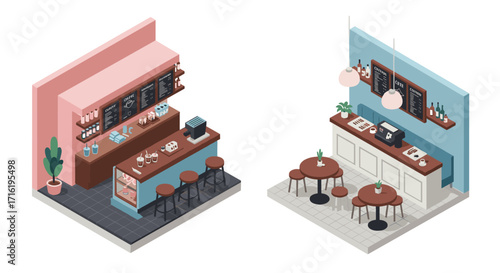 Cozy isometric café interiors with modern minimalist decor
