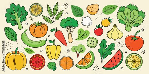 Vibrant collection of fresh fruits and vegetables hand drawn style artistic arrangement