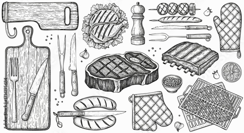 Delicious BBQ feast illustration with grilled steak, ribs, and sausage, perfect for grilling