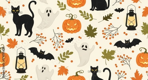 Spooky Halloween Pattern with Black Cats and Ghosts