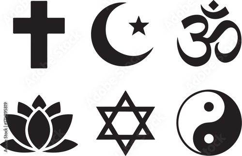 Diverse faith symbols unite global cultures peacefully