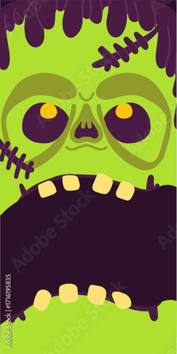 Colorful flat vector banner with Frankenstein monster face. Ideal for Halloween flyers, invitations, posters, party promos, and spooky advertising.