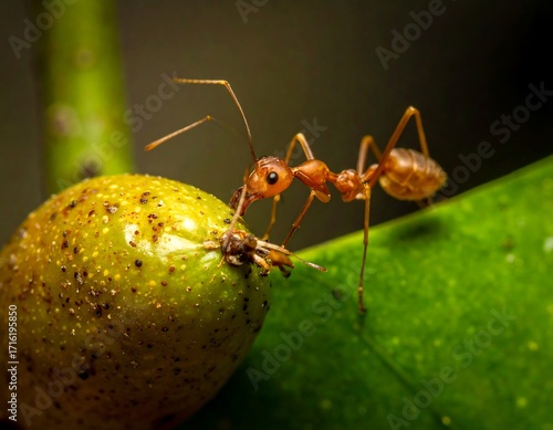 Close-up of an ant on a green fruit