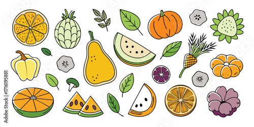 Vibrant hand-drawn assortment of fresh fruits and vegetables collection for healthy eating
