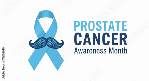 A blue ribbon with a mustache symbol and text promoting prostate cancer awareness.