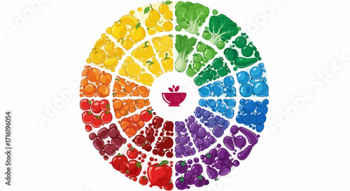 A colorful illustration showcasing a vibrant circular arrangement of various fruits and vegetables.