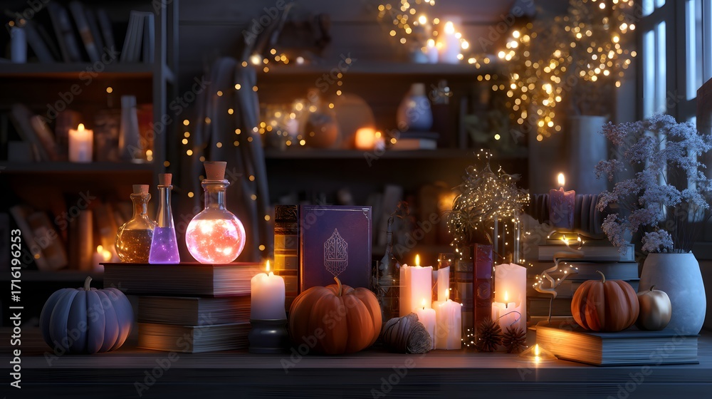 Fototapeta premium Cozy witchs cottage interior with glowing potions spell books pumpkins and candles creating a warm magical Halloween ambiance with empty wall or table space for text