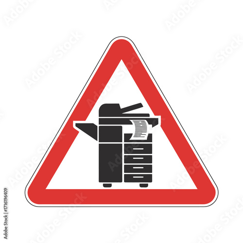 Alert for Document Management Systems Triangular Road Sign Style Warning Symbol with a Modern Photocopier Representing Reproduction and Office Equipment Use