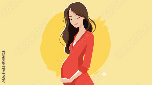 Stylish Cartoon of Pregnant Woman with Long Hair Vector Illustration