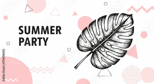 A graphic design featuring the words "Summer Party" alongside a detailed illustration of a tropical leaf, set against a backdrop of geometric shapes.