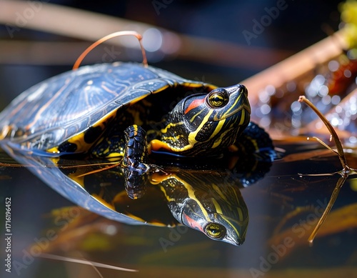 Turtle basking in water