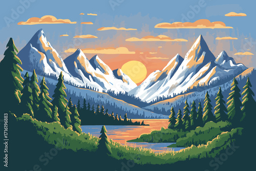 Scenic mountain valley landscape at sunrise with a tranquil lake and pine forest in a retro pixel art illustration style.