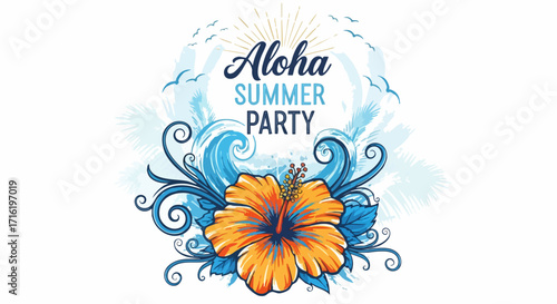 Vibrant Aloha Summer Party invitation with tropical flower, waves, and sunburst