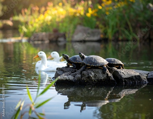 Turtles and ducks on a pond