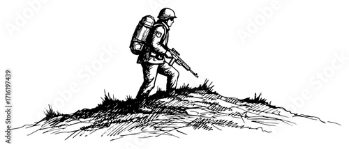 Soldier with Rifle Hiking on Hill Battlefield Sketch Illustration black shape vector laser cutting engraving monochrome print