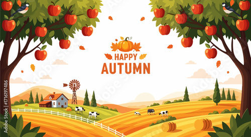 An idyllic autumn landscape featuring apple trees laden with fruit, a pumpkin, a farm with cows, and the words "Happy Autumn".
