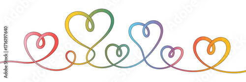 Continuous Line of Colorful Hearts - Symbol of Love, Connection, and Valentine's Day with Pastel Rainbow Gradient