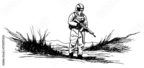 Soldier with Rifle Patrol in Field black shape vector laser cutting engraving monochrome print