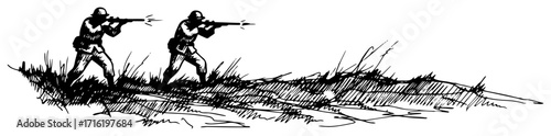 Two Soldiers Aiming Rifles in Combat Line black shape vector laser cutting engraving monochrome print
