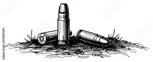 Ammunition Bullets Cartridges on Ground Hand Drawn Vector