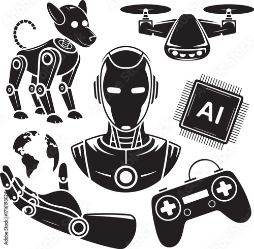 Futuristic AI tech, robots, drone, and globe icons