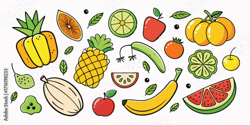 Vibrant assortment of fresh fruits and vegetables displayed in a colorful collection