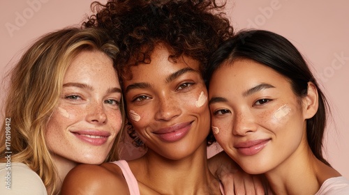 In a vibrant setting, three women with diverse features share smiles while showcasing their natural makeup. Each has a unique style with minimalistic touches.