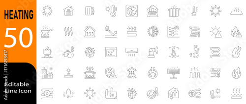 Heating icon set in line vector style with modern minimal design showing warmth, radiator, boiler, temperature, energy, winter, fireplace, hot water, climate control and comfort concepts