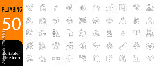 Plumbing icon set in line vector style with modern minimal design showing water pipes, repair, faucet, leak, maintenance, drainage, sanitation, construction and household service concepts