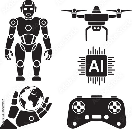 Futuristic tech icons robot, drone, AI chip, globe, controller