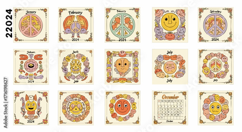 A collection of fifteen square illustrations depicting months of the year with retro, psychedelic, and cartoonish designs, including peace signs, smiley faces, and calendar.