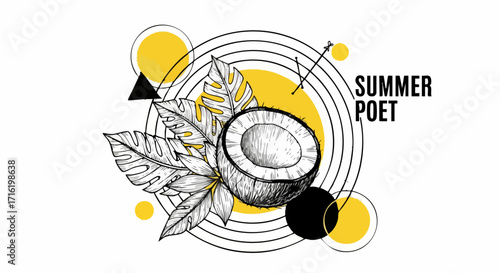 Graphic illustration featuring a halved coconut, tropical leaves, geometric shapes, and the text "Summer Poet" against a white background.