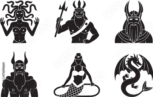 Mythical creatures icons powerful gods and legendary beings
